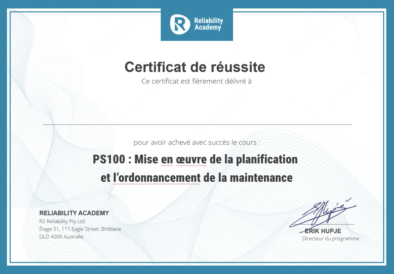 planning and scheduling french sample certificate