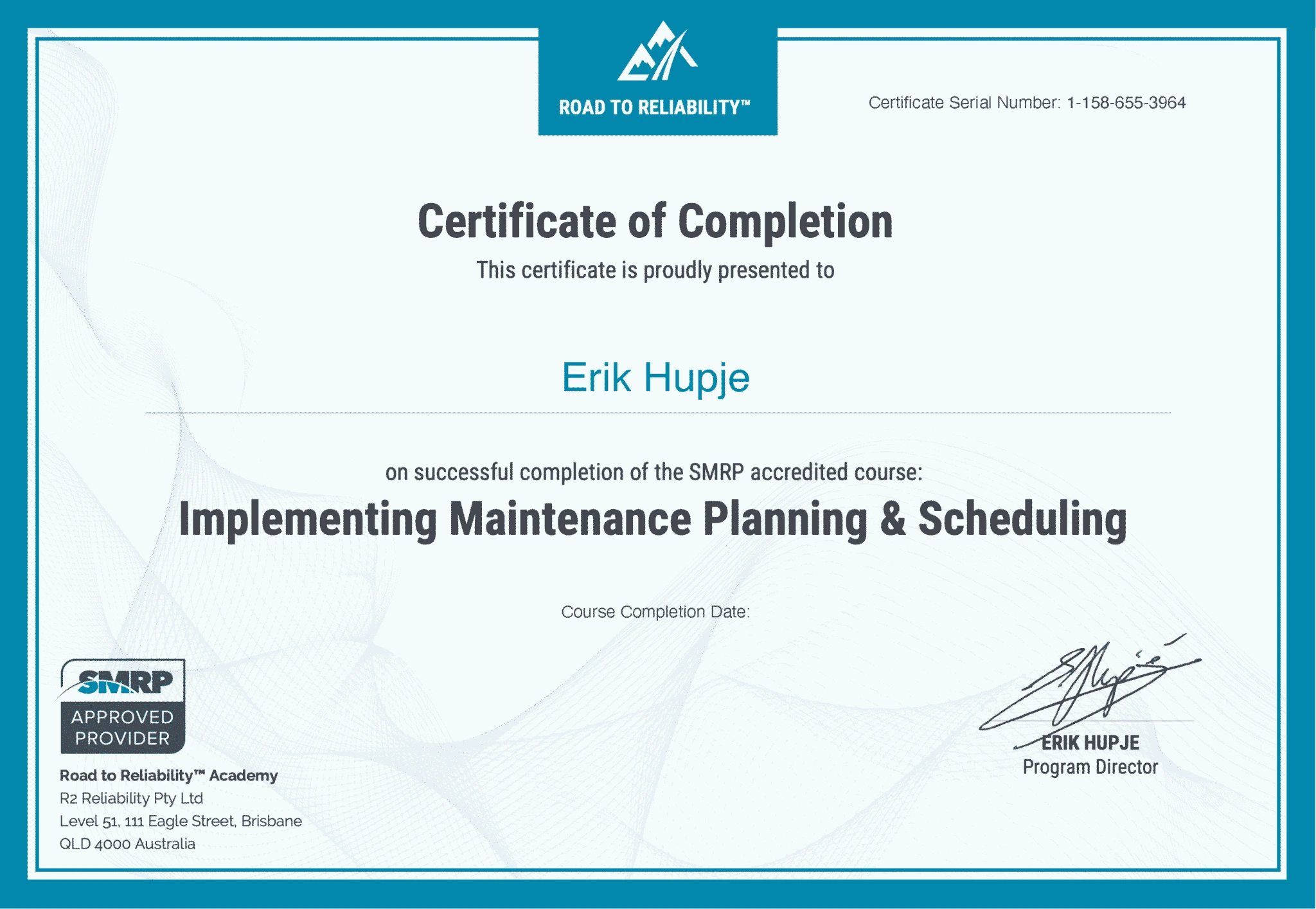 planning and scheduling spanish sample certificate