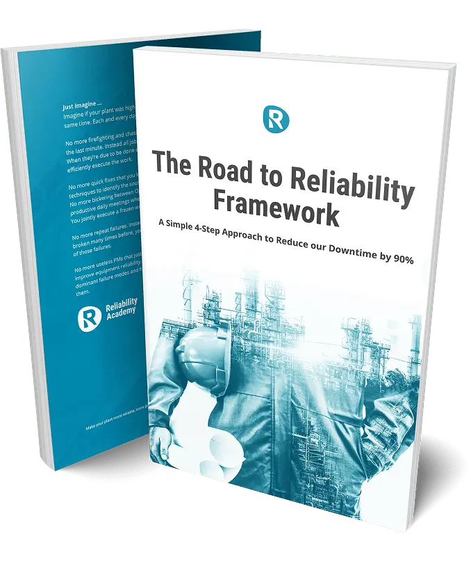 Cover of the Road to Reliability Framework eBook—free downloadable guide from Reliability Academy outlining a 4-step approach to reduce unplanned downtime by 90%