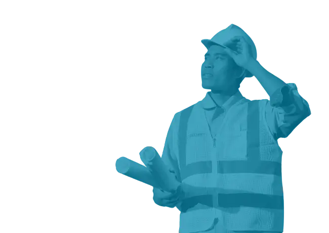 Construction worker in a hard hat and reflective vest holding rolled blueprints, looking upward, with a teal duotone overlay on a dark background.